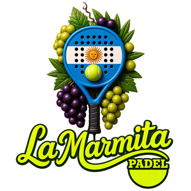 Logo de La Marmita Padel: paleta con la bandera argentina, pelota y racimos de uva
